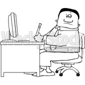 Clipart of a Lineart Black Business Man Working at an Office Desk - Royalty Free Vector Illustration © djart #1535123