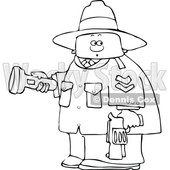 Clipart of a Cartoon Lineart Male Ranger Holding a Flashlight and Firearm - Royalty Free Vector Illustration © djart #1551005