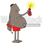 Clipart of a Cartoon Chubby Black Man in Swim Shorts, Holding a Firecracker and Match - Royalty Free Vector Illustration © djart #1552196