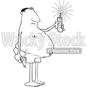 Clipart of a Cartoon Lineart Chubby Black Man in Swim Shorts, Holding a Firecracker and Match - Royalty Free Vector Illustration © djart #1552199