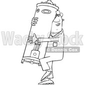 Clipart of a Cartoon Lineart Black Plumber Worker Man Carrying a Water Heater - Royalty Free Vector Illustration © djart #1558730