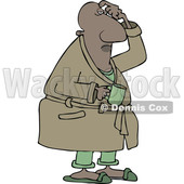 Clipart of a Cartoon Chubby Black Man in His Robe, Scratching His Head and Holding a Coffee Mug - Royalty Free Vector Illustration © djart #1559135