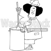 Clipart of a Cartoon Lineart Black Culinary Chef Woman Mixing a Pot of Food in a Kitchen - Royalty Free Vector Illustration © djart #1560409