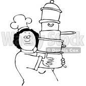 Clipart of a Lineart Black Chef Woman in a White Hat and Uniform, Carrying a Large Stack of Pots - Royalty Free Vector Illustration © djart #1560410