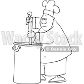 Clipart of a Cartoon Lineart Black Male Chef Stirring a Large Pot of Soup with a Spoon - Royalty Free Vector Illustration © djart #1560412