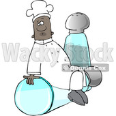 Clipart of a Black Male Chef Sitting on Top of a Tipped Salt Shaker in Front of a Pepper Shaker - Royalty Free Vector Illustration © djart #1560730