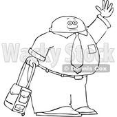 Clipart of a Lineart Traveling Black Business Man with Rolling Luggage, Waving Goodbye or Hailing a Taxi Cab - Royalty Free Vector Illustration © djart #1562920