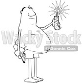 Clipart of a Cartoon Lineart Chubby Black Man in Swim Shorts, Holding a Firecracker and Match - Royalty Free Vector Illustration © djart #1568685