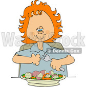 Clipart of a Cartoon Red Haired White Girl Eating a Veggie Meal of Carrots, Peas and Potatoes - Royalty Free Vector Illustration © djart #1569824