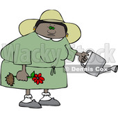 Clipart of a Cartoon Black Woman Holding a Flower Ready to Be Planted and a Watering Can - Royalty Free Vector Illustration © djart #1580751