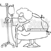 Clipart of a Cartoon Lineart Hospitalized Black Woman Walking Around with an Intravenous Drip Line - Royalty Free Vector Illustration © djart #1583964