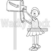 Clipart of a Cartoon Lineart Black Girl Checking the Mail from a Tall Box - Royalty Free Vector Illustration © djart #1590637
