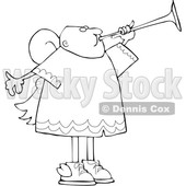 Clipart of a Cartoon Lineart Black Male Angel Blowing a Horn - Royalty Free Vector Illustration © djart #1603541