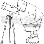 Clipart of a Cartoon Lineart Black Male Astronomer Looking Through a Telescope - Royalty Free Vector Illustration © djart #1603543