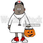Clipart of a Cartoon Black Girl Wearing Halloween Nurse Costume While Trick or Treating - Royalty Free Vector Illustration © djart #1603885