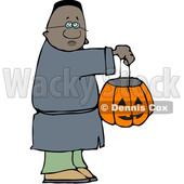 Clipart of a Cartoon Black Boy Holding a Halloween Candy Bucket and Trick or Treating - Royalty Free Vector Illustration © djart #1603886