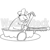 Clipart of a Cartoon Lineart Black Male Chef Using a Spoon to Paddle a Pan Boat - Royalty Free Vector Illustration © djart #1606084