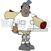 Clipart of a Cartoon Black Male Carpet Layer Carrying a Roll and Trowel - Royalty Free Vector Illustration © djart #1607408