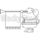 Clipart of a Cartoon Lineart Black Male Christmas Angel Blowing a Horn with a Banner Sign - Royalty Free Vector Illustration © djart #1609127