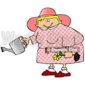 Chubby Blond Woman In Pink, Holding A Yellow Daisy And A Watering Can Clipart Illustration © djart #16128