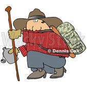 Chubby Cowboy Man Carrying Camping Gear On His Back, Holding Onto A Hiking Stick While Crouching To Drink From A Canteen Clipart Illustration © djart #16130