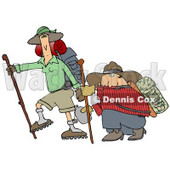 Skinny Woman Hiking With Her Husband That Is Out Of Shape, Kneeling And Taking A Drink From A Canteen Clipart Illustration © djart #16139