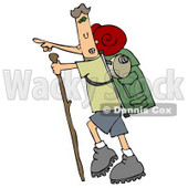 Skinny And Energetic Man Using A Stick While Hiking And Pointing Forward And Carrying Camping Gear On His Back Clipart Illustration © djart #16142