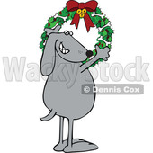 Cartoon Festive Dog Hanging a Christmas Wreath with Bones on It © djart #1620300