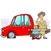 Worried Woman Sratcing Her Forehead And Wondering What To Do While Her Son Stands Beside Her, Holding His Teddy Bear, By Their Red Car With A Flat Tire Clipart Illustration Graphic © djart #16243