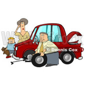 Little Boy Holding His Teddy Bear And Standing By A Worried Woman Sratcing Her Forehead And Watching As A Man, Her Husband Or Stranger, Changes The Flat Tire On Her Car Clipart Illustration Graphic © djart #16244