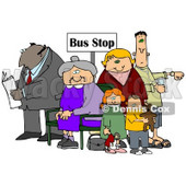 Old Lady Seated In A Chair At A Bus Stop, Surrounded By A Group Of People, Including A Man Reading A Newspaper, Woman With Her Two Children And A Man Listening To An Mp3 Player Clipart Illustration Graphic © djart #16245