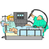 Clipart Illustration Image of a Nervous Male Patient Lying On His Stomach With His Butt Up In The Air, Clutching The Side Of A Matress Of A Hospital Bed While A Proctologist Doctor Prepares To Insert A Machine Into The Anus For A Colonoscopy And A Nurse H © djart #16284