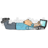 Clipart Illustration Image of a Balding Caucasian Businessman In A Blue Shirt And Slacks, Lying On His Stomach While Typing On A Laptop Computer That Is Set On Wireless Internet © djart #16286