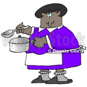 Clipart Illustration Image Of An African American Woman In A Purple Dress, White Apron, Gray Socks And Slippers, Holding A Spoon And Pot While Cooking Soup For Supper In A Kitchen © djart #16315