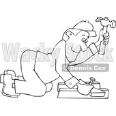 Cartoon Black and White Male Carpenter Kneeling and Hammering © djart #1637804