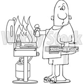 Cartoon Black and White Man Holding a Salt Shaker and Watching As the Flames Get High on His Bbq Grill © djart #1641079