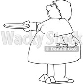 Cartoon Black and White Chubby Woman Holding out a Plate for Seconds © djart #1641085