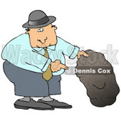 Caucasian Man In A Black Hat, Blue Shirt, Slacks And Gray Shoes, Holding Up A Rock And Pointing Underneath It Clipart Illustration Graphic © djart #16464