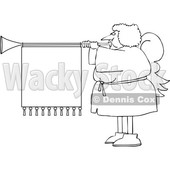Cartoon Black and White Female Christmas Angel Blowing a Horn with a Banner © djart #1655189