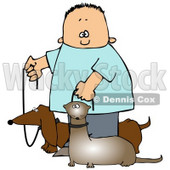 Little Caucasian Boy Walking His Small Weiner Dog, A Dachshund, And His Pet Ferret On Leashes Clipart Image Graphic © djart #16619