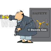 Cartoon Man Holding a Gun and Flashlight in Front of His Safe © djart #1666027