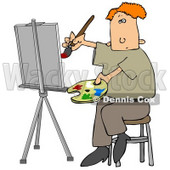 People Clipart Illustration Image of a Red Haired Male Artist Sitting on a Stool and Holding a Palette While Oil Painting a Portrait on a Canvas on an Easel © djart #16956