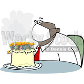 Cartoon Black Businessman Wearing a Face Mask and Sitting in Front of His Birthday Cake © djart #1706462