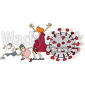 Cartoon Mother and Children Wearing a Mask and Running from Viruses © djart #1706664