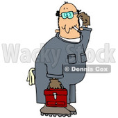 Confused Male Caucasian Mechanic In Blue Coverals, Carrying A Red Toolbox And Scratching His Head Clip Art Illustration © djart #17232