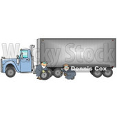 Two Caucasian Tire Changer Men In Blue Coveralls Using A Cross Bar To Replace A Flat Tire On A Big Blue 18 Wheeler Semi Truck Clipart Illustration © djart #17242