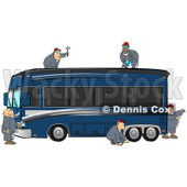 5 Male Mechanics In Coveralls, Working Together To Fix And Repair A Luxurious Blue Bus Conversion Rv Motorhome Clipart Illustration © djart #17399