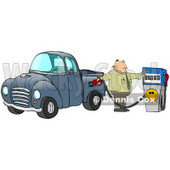 Clipart Illustration of a Frustrated Caucasian Business Man Flipping Off The Smiley Face On A Fuel Pump While Filling Up The Gasoline Tank Of His Blue Pickup Truck At A Gas Station © djart #17576