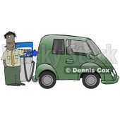 A Hispanic Or Black Businessman Standing At A Gas Pump While Anxiously Fueling His Tank And Spending Money He Doesn't Want To To Fill Up His Green Car Which Resembles A Minivan Clipart Illustration © djart #17611