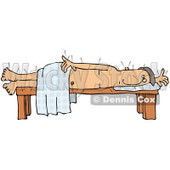 Male Caucasian Patient Poked All Over With Acupuncture Needles, Lying On His Side On A Table While Draped In A Sheet Clipart Illustration © djart #17638